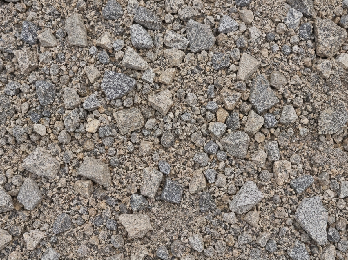 Class 6 road base. Graded grey and tan crushed stone with compactable fines.