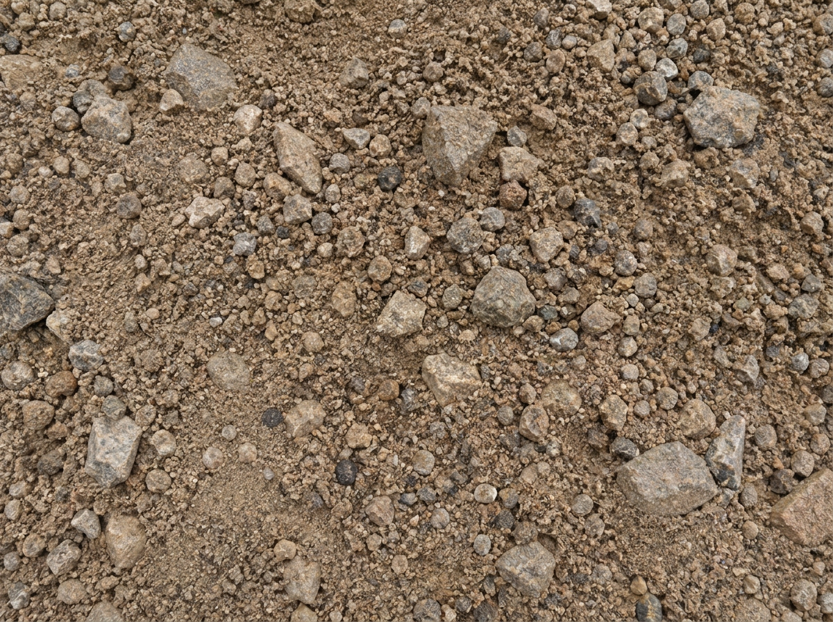 Pit run and fill material. Brown soil, sand, gravel and angular stone.