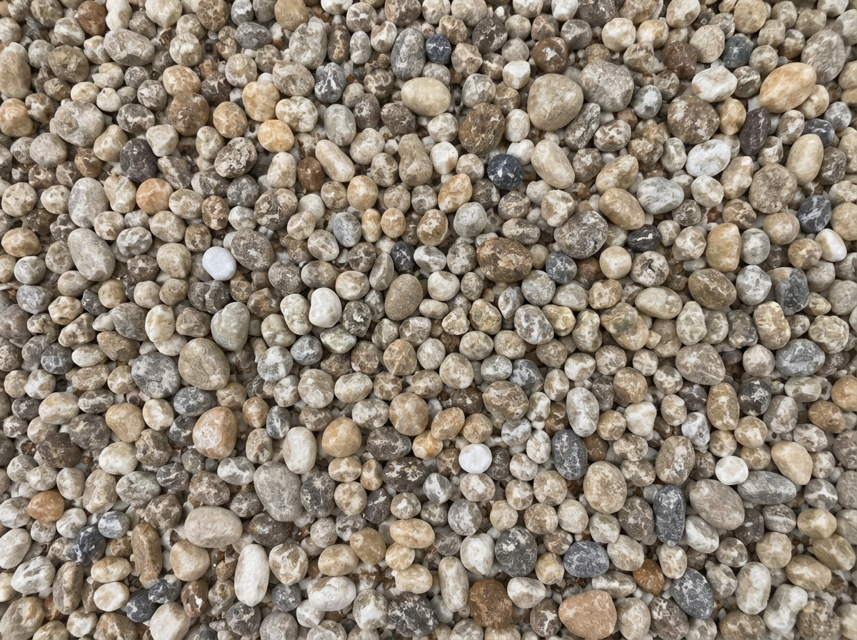 Squeegee pea gravel. Small rounded tan, grey and cream stone.